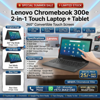 Muharraq, Computers, BHD 25,  LENOVO Touch 2 In 1 Chromebook + Tablet 12" HD Touch Display 360* Rotatable With PlayStore
