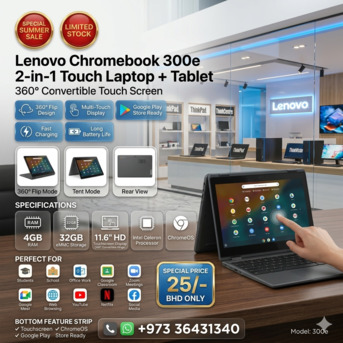 East Riffa, Computers, BHD 25,  LENOVO Touch 2 In 1 Chromebook + Tablet 12" HD Touch Display 360* Rotatable With PlayStore