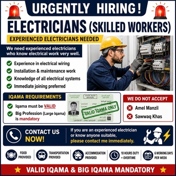  , 🚨 URGENT REQUIREMENT – Experienced Electricians Needed 🚨, 1