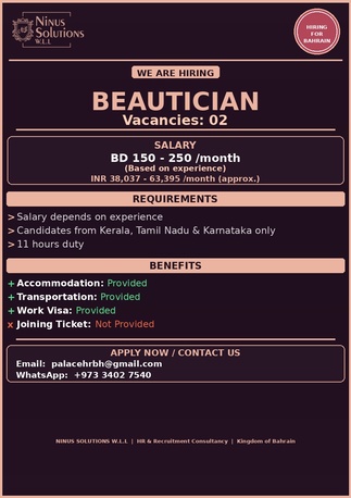 Mumbai, Jobs, Beautician Vacancy In Bahrain