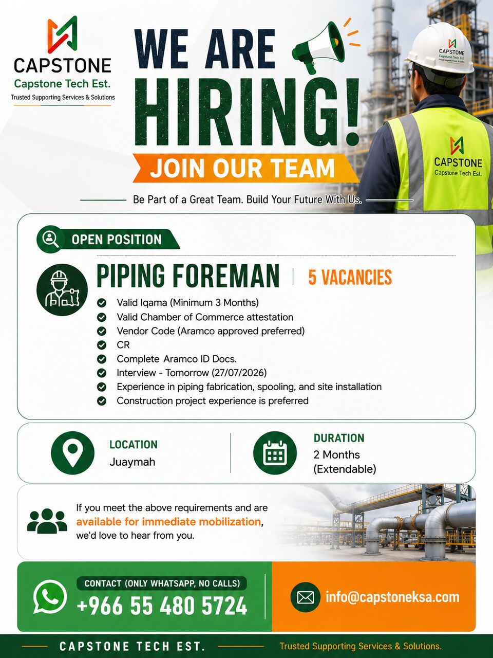 Jubail, Jobs, Urgent Hiring For Piping Foreman