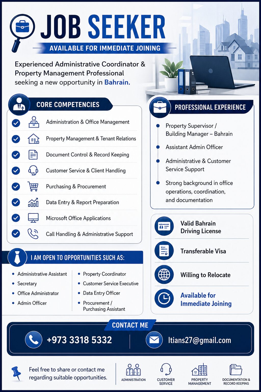 Manama, Job Seekers, I Am Looking For A Job In Property Management / Admin / Office Supervisory Roles