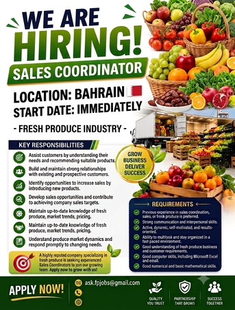 Manama, Jobs, SALES COORDINATOR -FRUITS & VEGETABLE