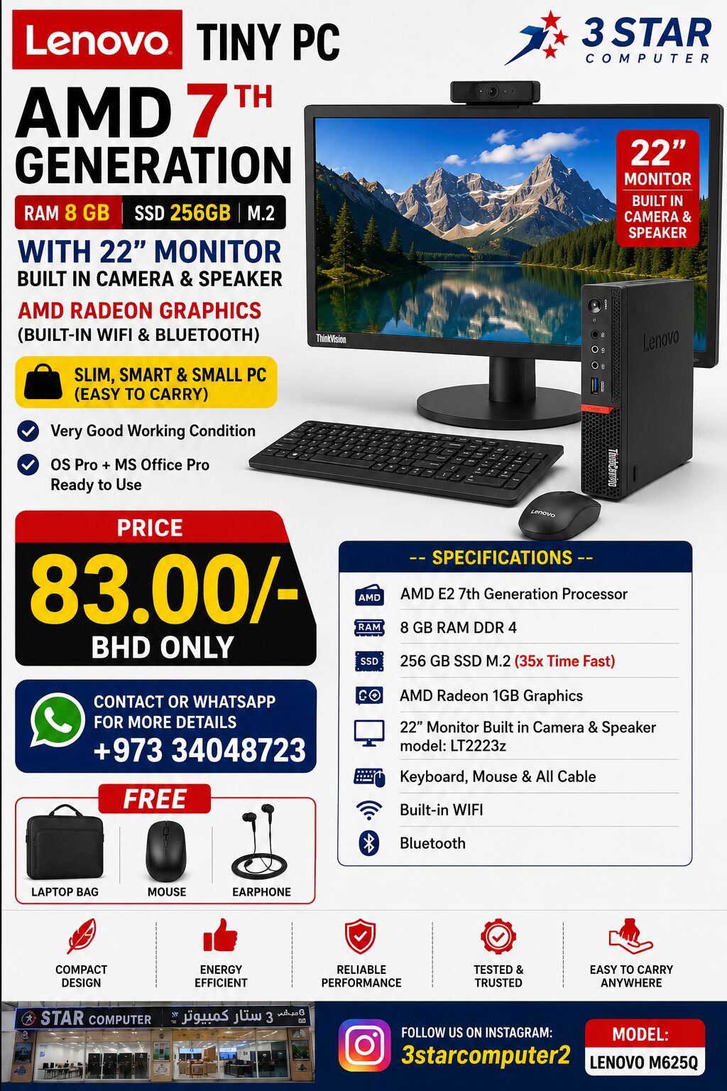 Manama, Computers, BHD 83,  Lenovo Tiny PC AMD 7th Gen 22" Monitor Camera,Speaker AMD Graphic Built-in WIFI, Bluetooth