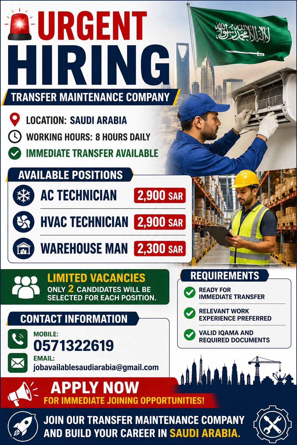 Riyadh, Jobs, URGENT HIRING – TRANSFER MAINTENANCE COMPANY MAKKAH MASAR PROJECT 🚨