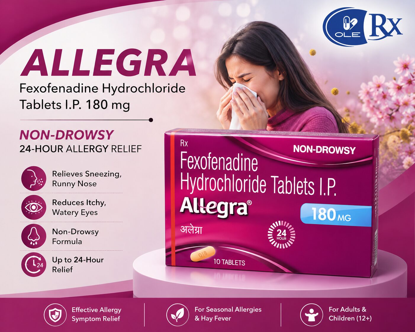 Boston, Health, Fexofenadine Hydrochloride Tablets IP 180 Mg (Allegra) For Effective Allergy Symptom Relie