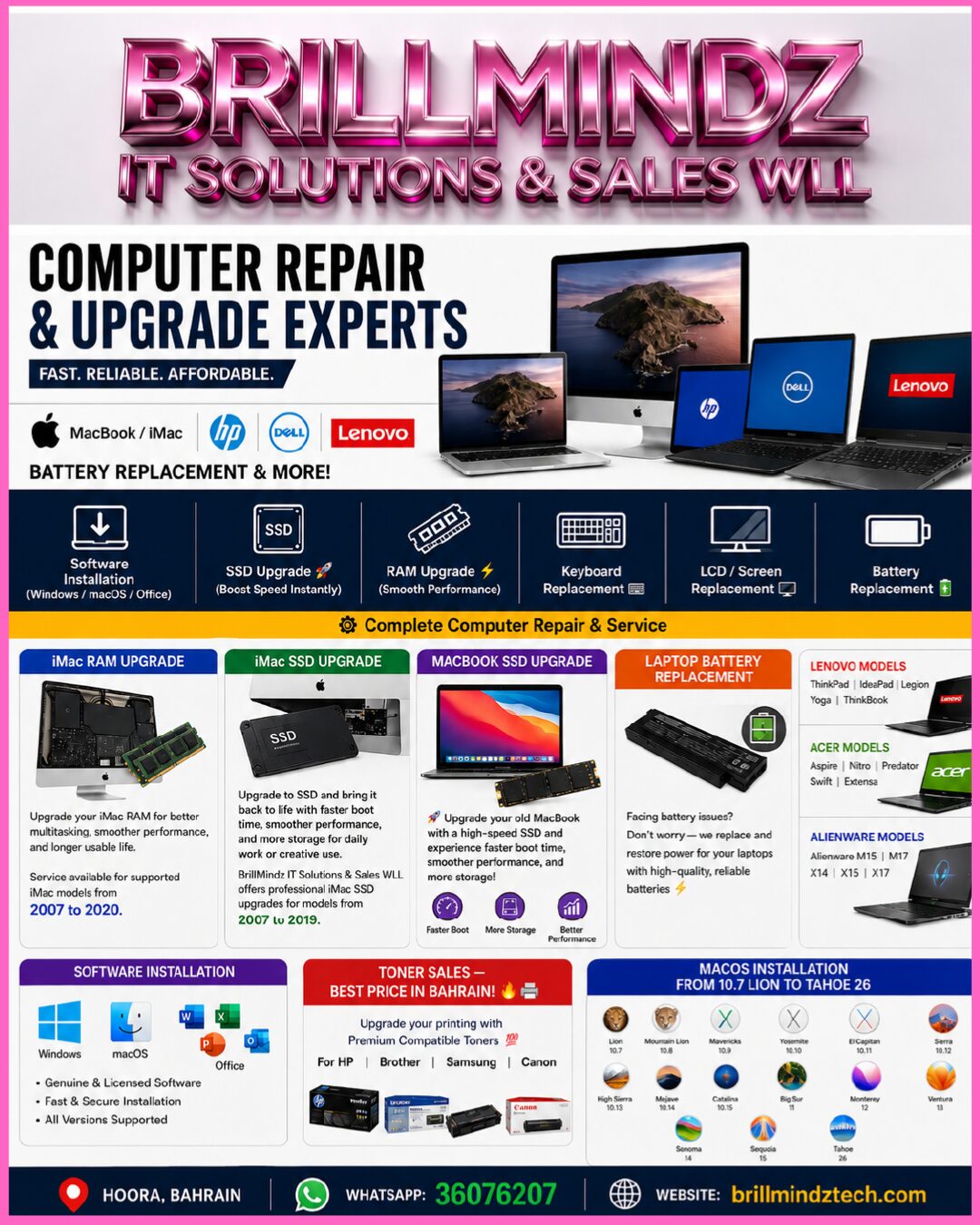 Manama, Computer, MacOS,Windows Installation ,Laptop Keybaord ,Battery,Ram Upgrade,Replacement