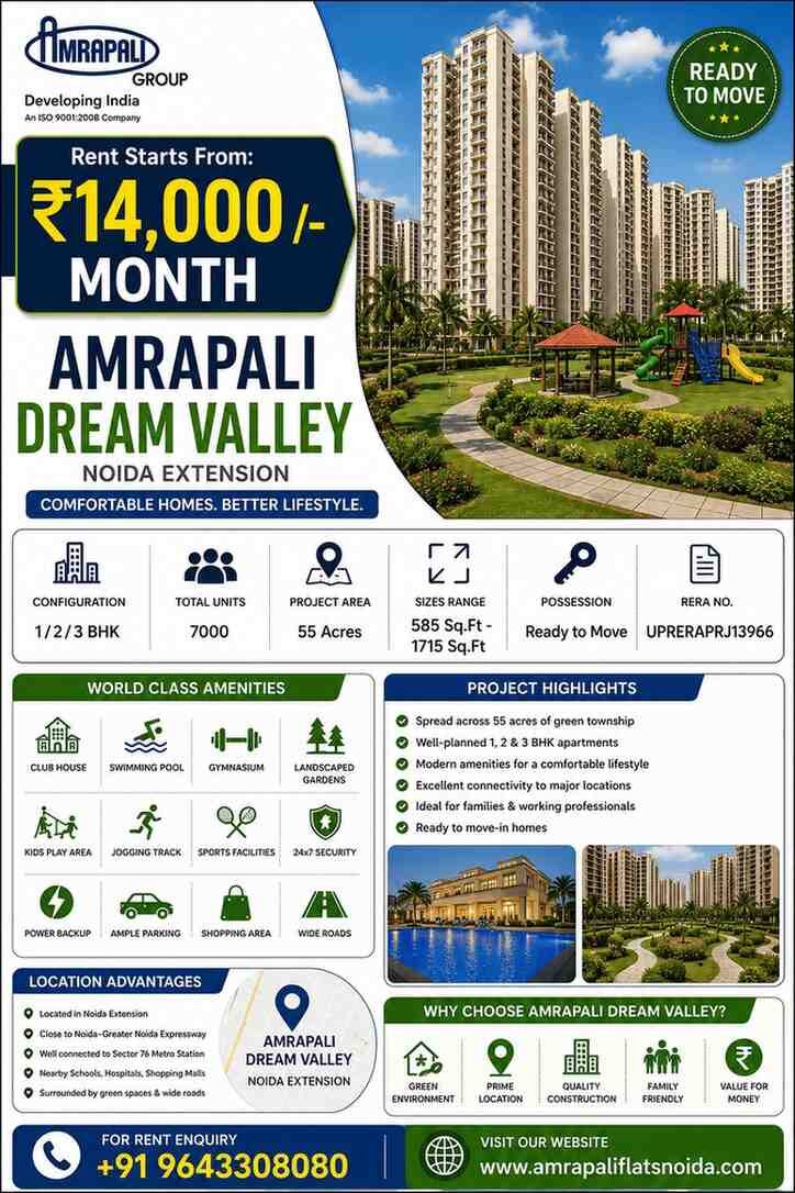Noida, Real Estate, Looking For An Apartment To Rent In Noida Extension? Check Out Amrapali Dream Valley&mdash;only