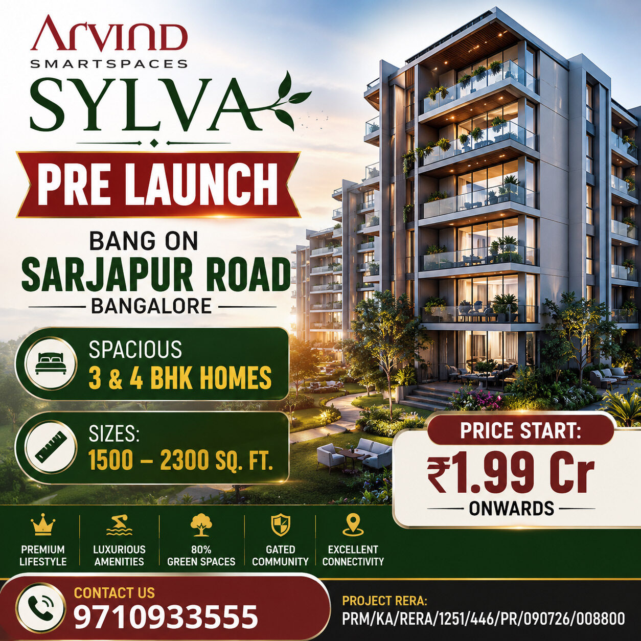 Bangalore, Real Estate For Sale, INR 19900000,  3 BR,  1500 Sq. Feet,  Arvind Sylva Sarjapur Road: Premium 3 & 4 BHK Apartments In Bangalore