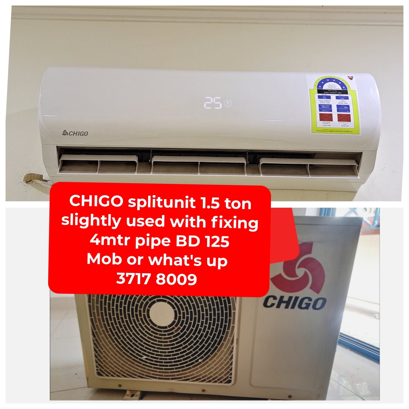 Manama, Air Conditioners, BHD 125,  🌎🌍CHIGO Splitunit 1.5 Ton In Good Condition For Sale With Delivery