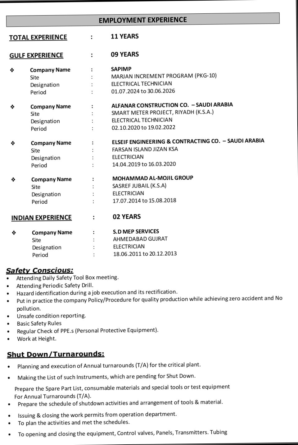 Jubail, Job Seekers, Electricain Technician