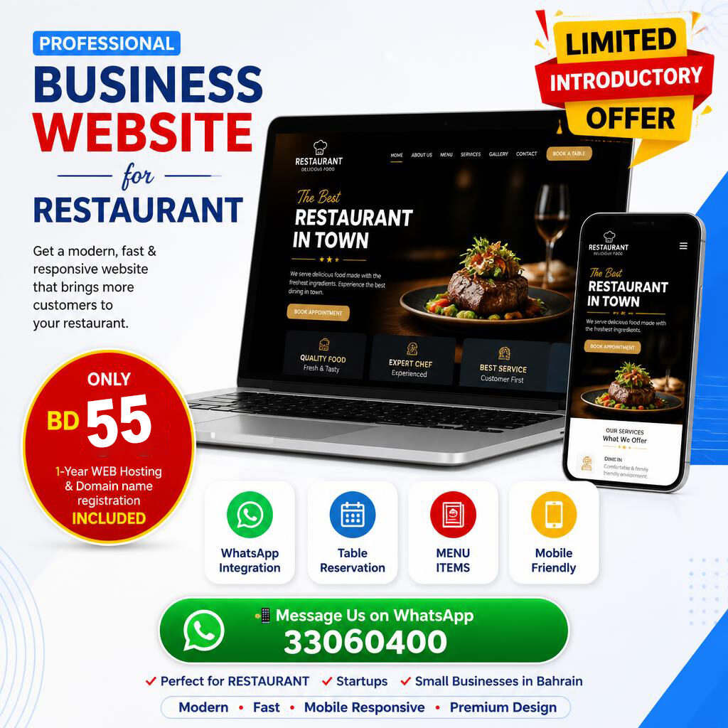 Manama, Web Design & Development, Professional Restaurant Website &ndash; Only BD 55 (Limited Introductory Offer)
