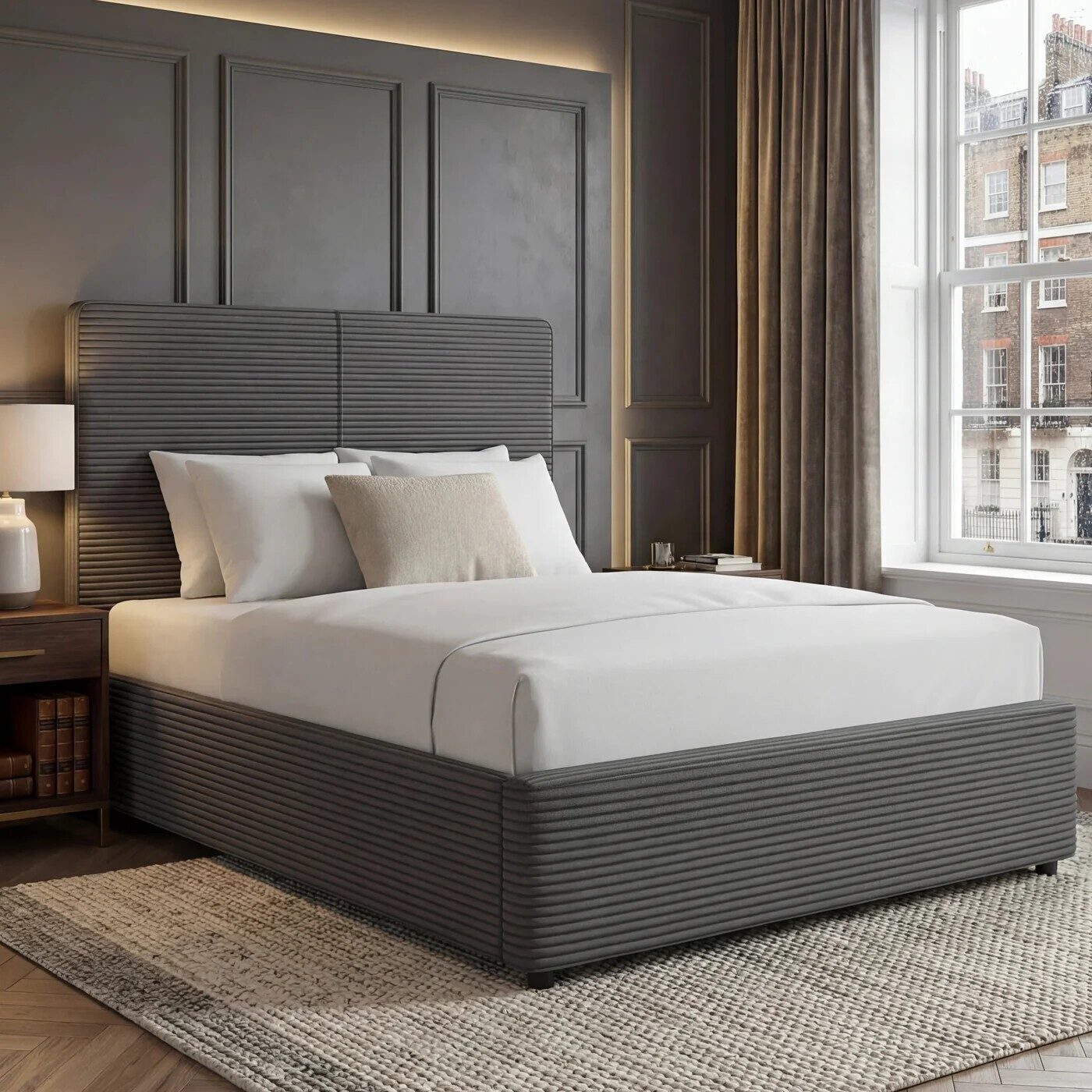 London, Furniture, GBP 219,  Ribbed Velvet Ottoman Bed Frame, Textured Headboard, Gas Lift Storage, Single To King