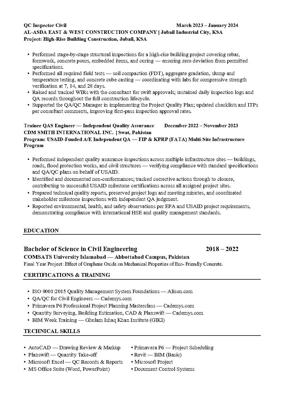 Riyadh, Job Seekers, QC Inspector Civil | PEC Registered Engineer | 3+ Years Experience | Riyadh | Valid Iqama