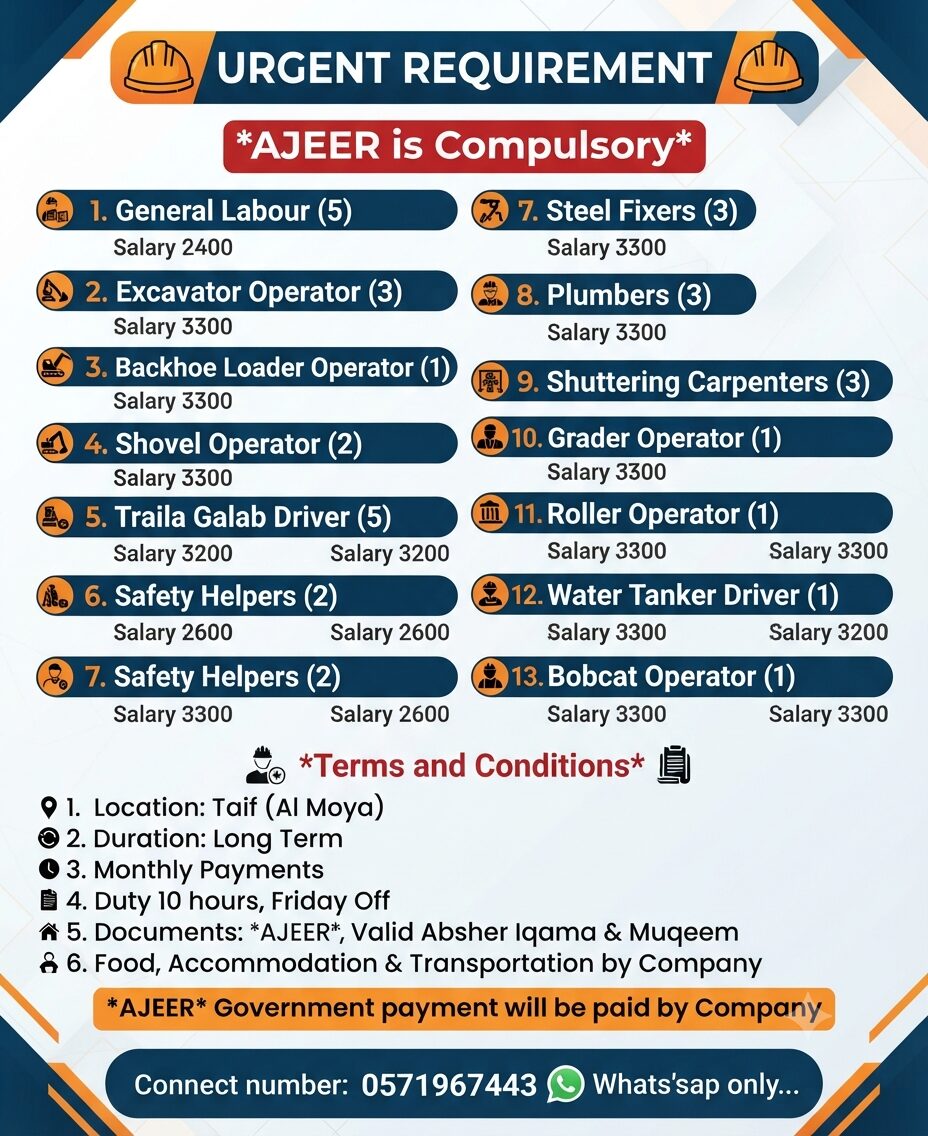 Jubail, Jobs, 📢 URGENT REQUIREMENT - TAIF (AL MOYA)