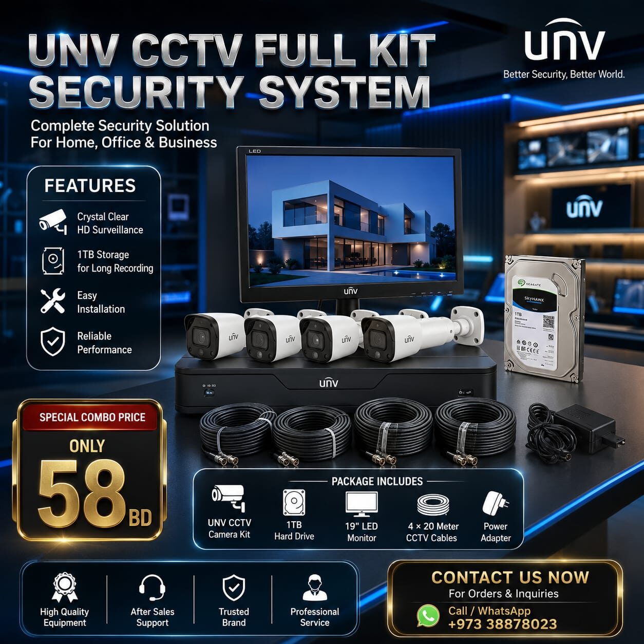 Manama, Tablet Computers, BHD 58,  Brand New UNV CCTV System Full Kit 4 Channel DVR + 4 Cameras + 1TB HDD & 19" Monitor
