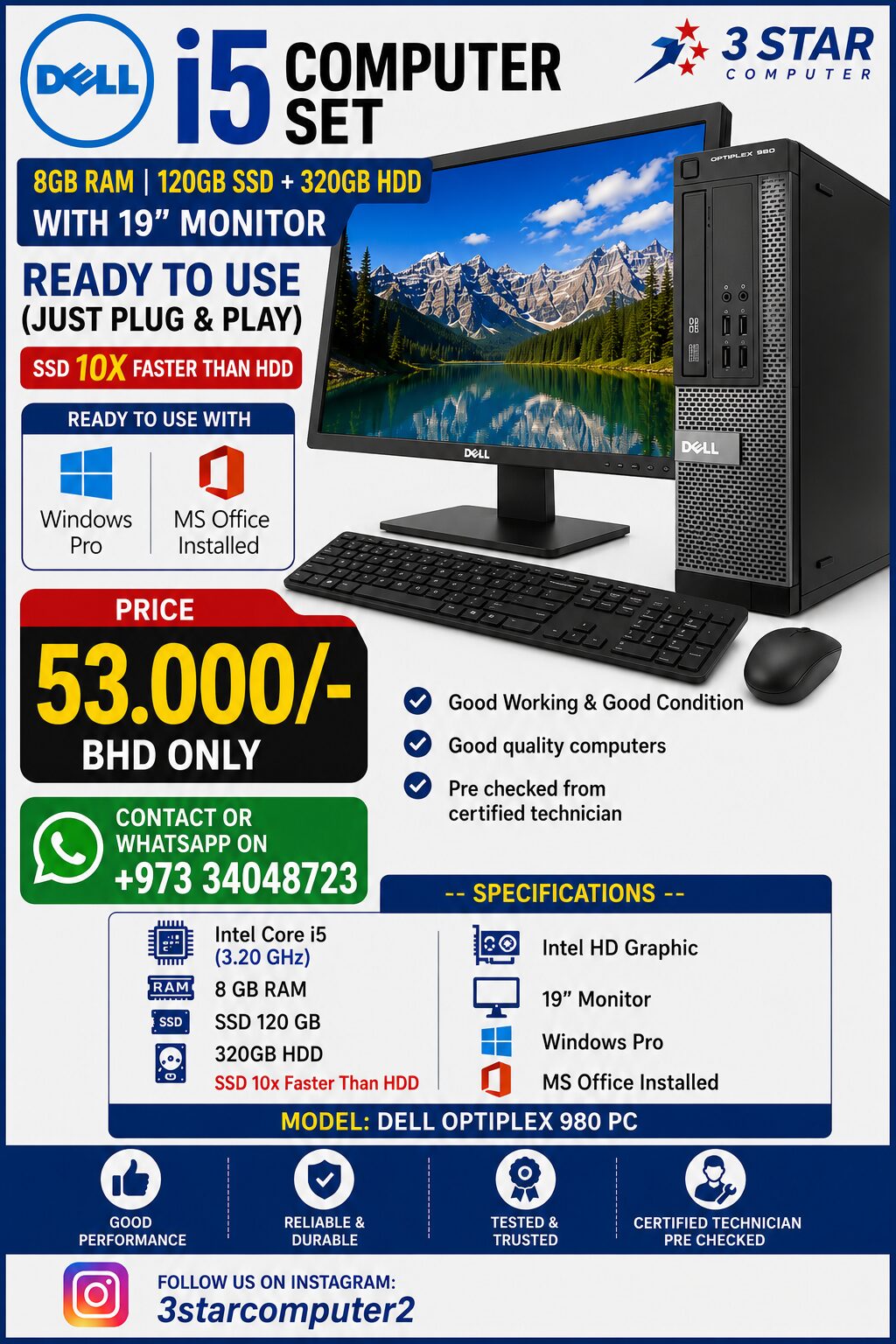 Manama, Tablet Computers, BHD 53,  DELL I5 Computer Set 8GB Ram 120GB SSD + 320GB HDD With 19" Monitor Ready To Use