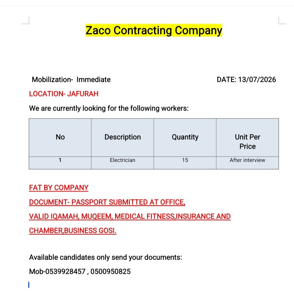 Riyadh, Jobs, Urgent Requirement &ndash; Electrician   Location: Jafurah