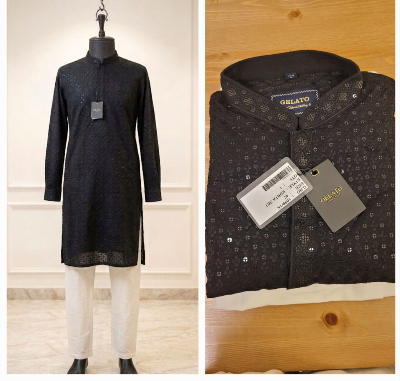 Riyadh, Clothing & Accessories, SAR 119,  Excellent Black Chikankari Embroidered Mens Kurtha  (Indian Brand) With White Pant Sale