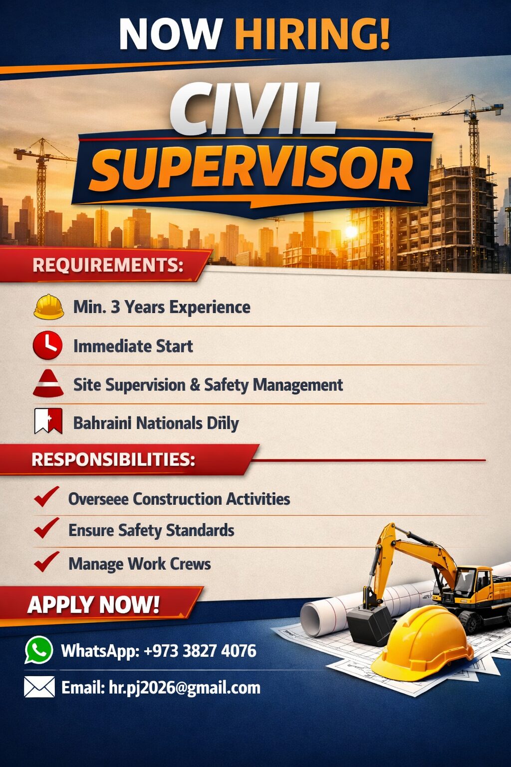 Manama, Jobs, Civil Supervisor