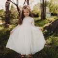 USD 95,  Ivory Boho Flower Girl Dress, Lace Tulle Wedding Gown, Rustic Christening&Communion Outfit