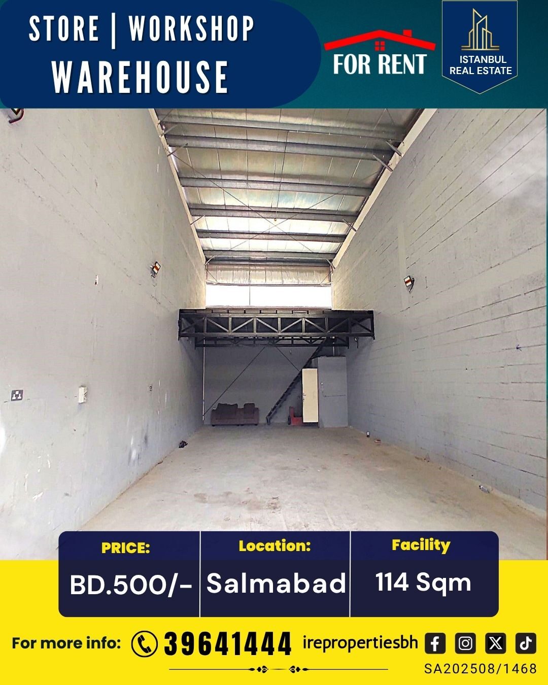 Salmabad, Warehouses, BHD 500,  114 Sq. Meter,  Warehouse | Workshop |Store For Rent In Salmabad  BD.500/-