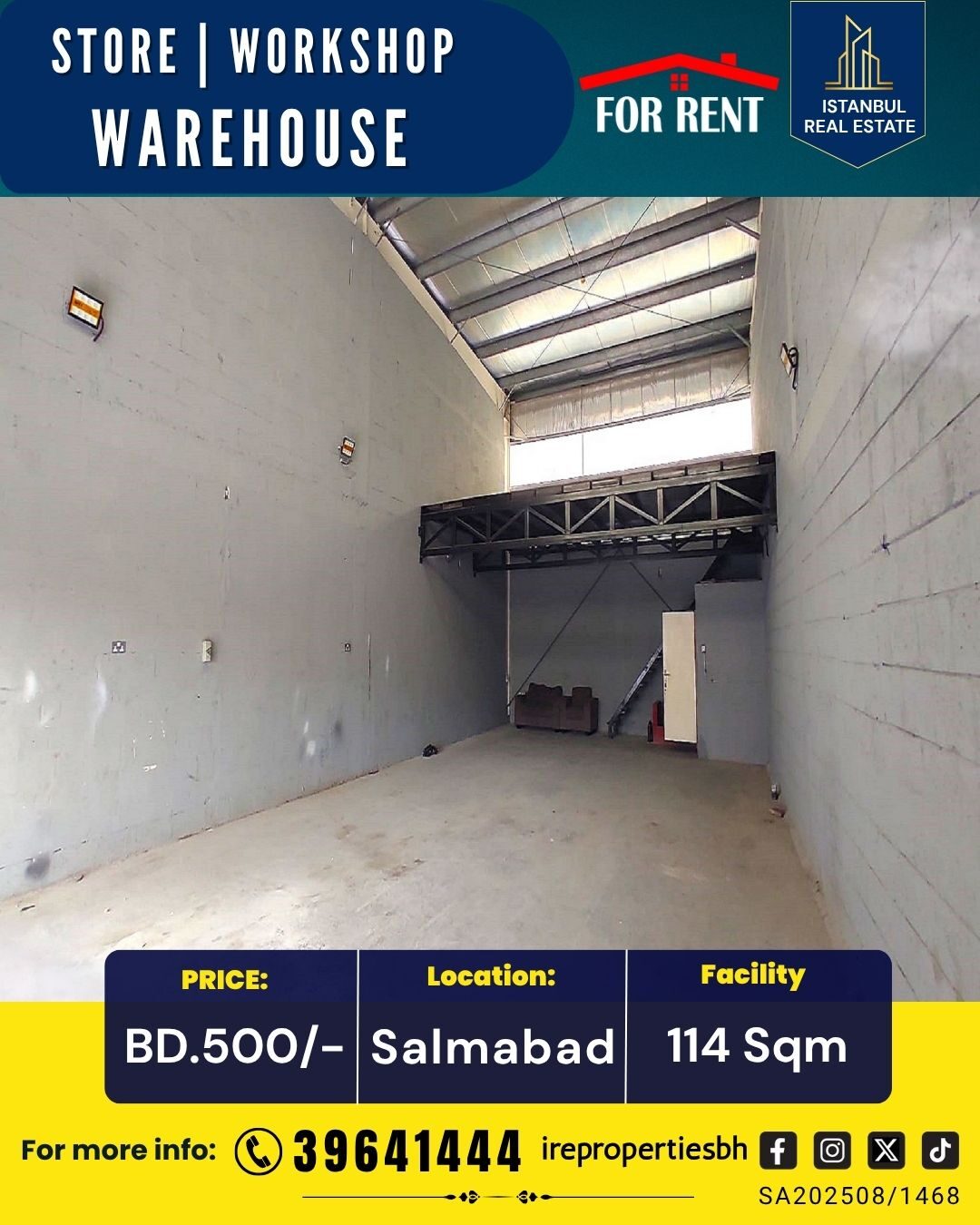 Salmabad, Warehouses, BHD 500,  114 Sq. Meter,  Warehouse | Workshop |Store For Rent In Salmabad  BD.500/-