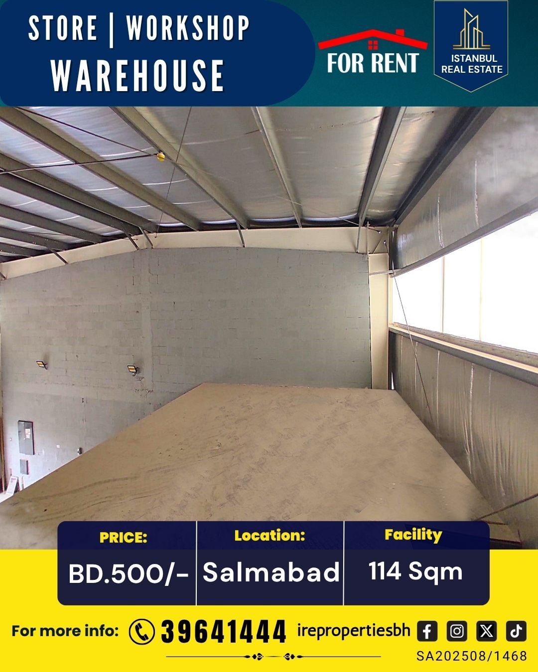 Salmabad, Warehouses, BHD 500,  114 Sq. Meter,  Warehouse | Workshop |Store For Rent In Salmabad  BD.500/-