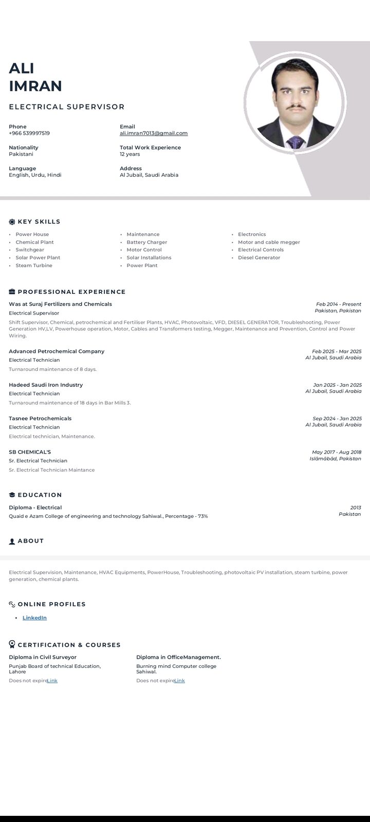 Jubail, Job Seekers, Electrical Technician/ Lead Technician/ Electrical Supervisor