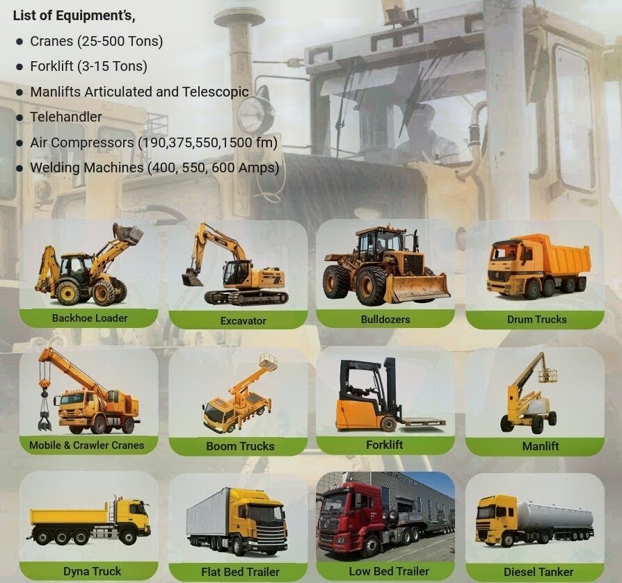 Dammam, Equipment Rental, Backhoe Loaders, Excavators, Bulldozers ,Drum Trucks  Mobile & Crawler Cranes, Boom Trucks