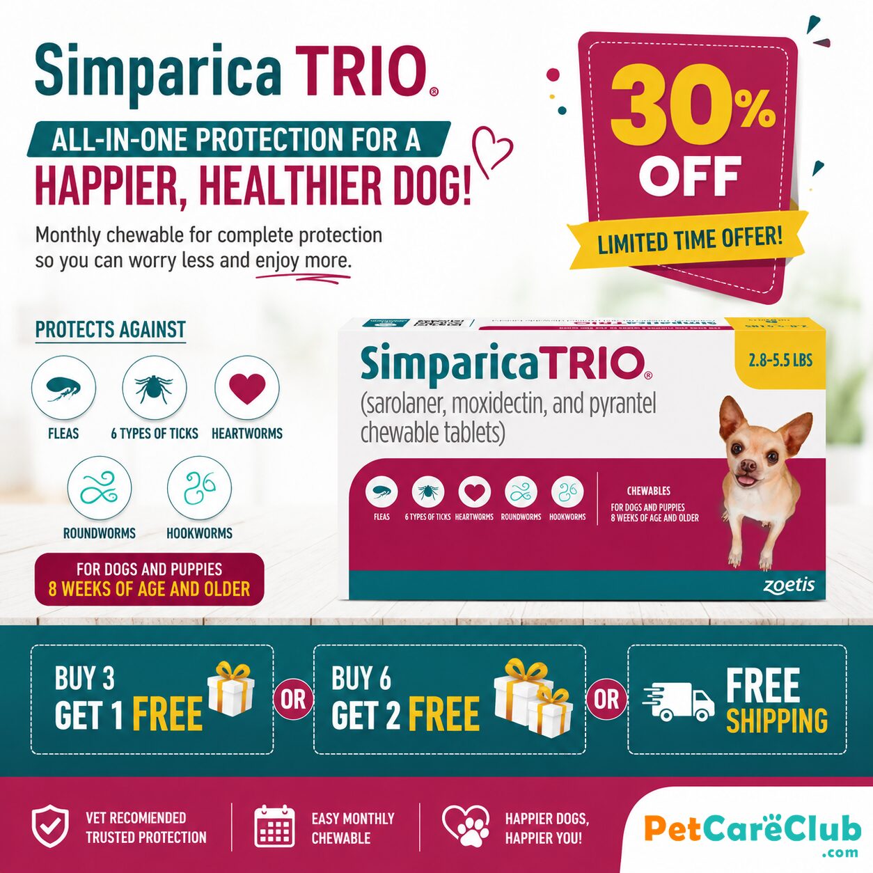 New York, Pet Supplies, USD 100,  Simparica Trio 30% OFF + FREE Doses | Free Shipping At PetCareClub