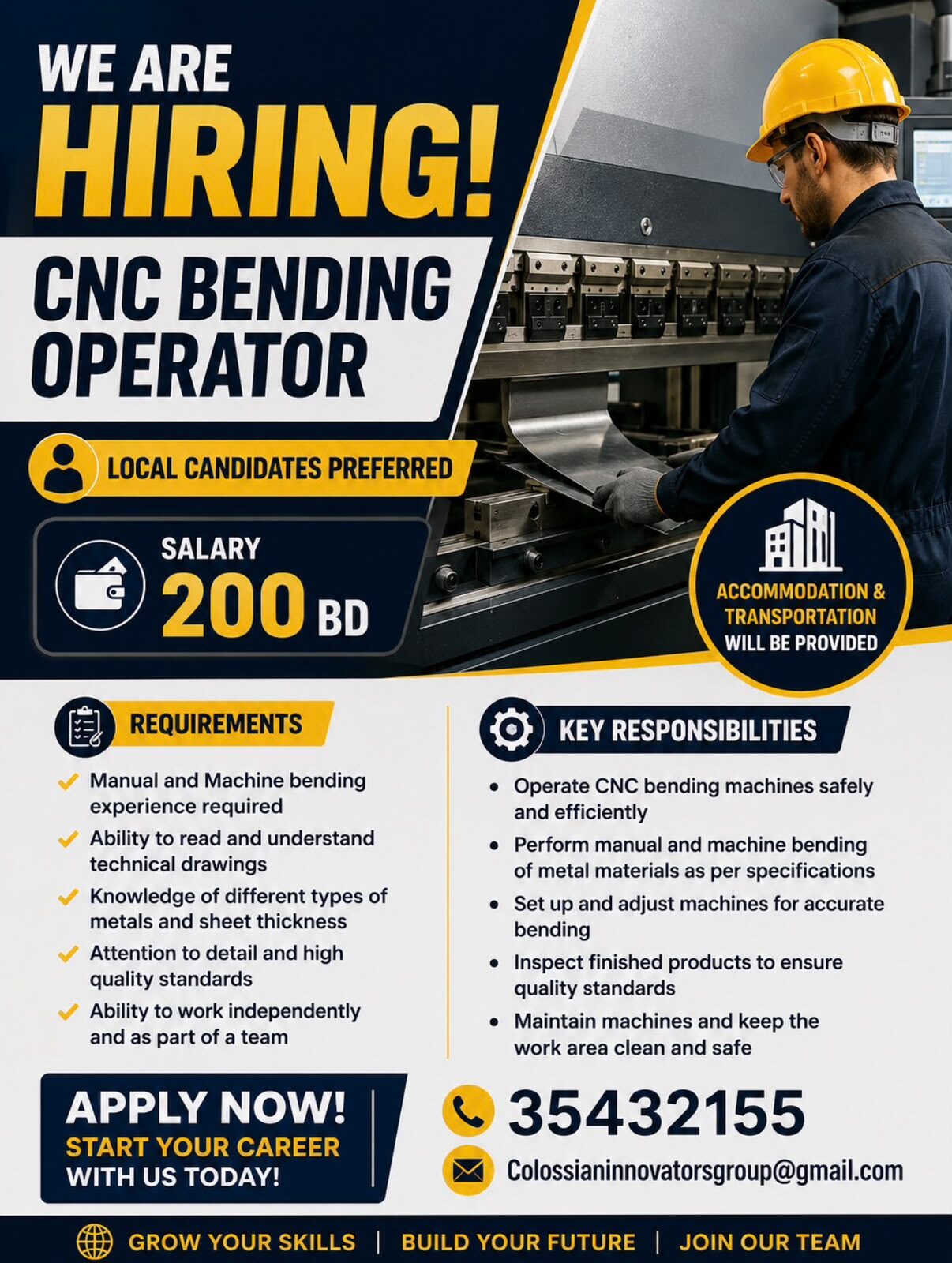 Manama, Jobs, CNC Bending Operator