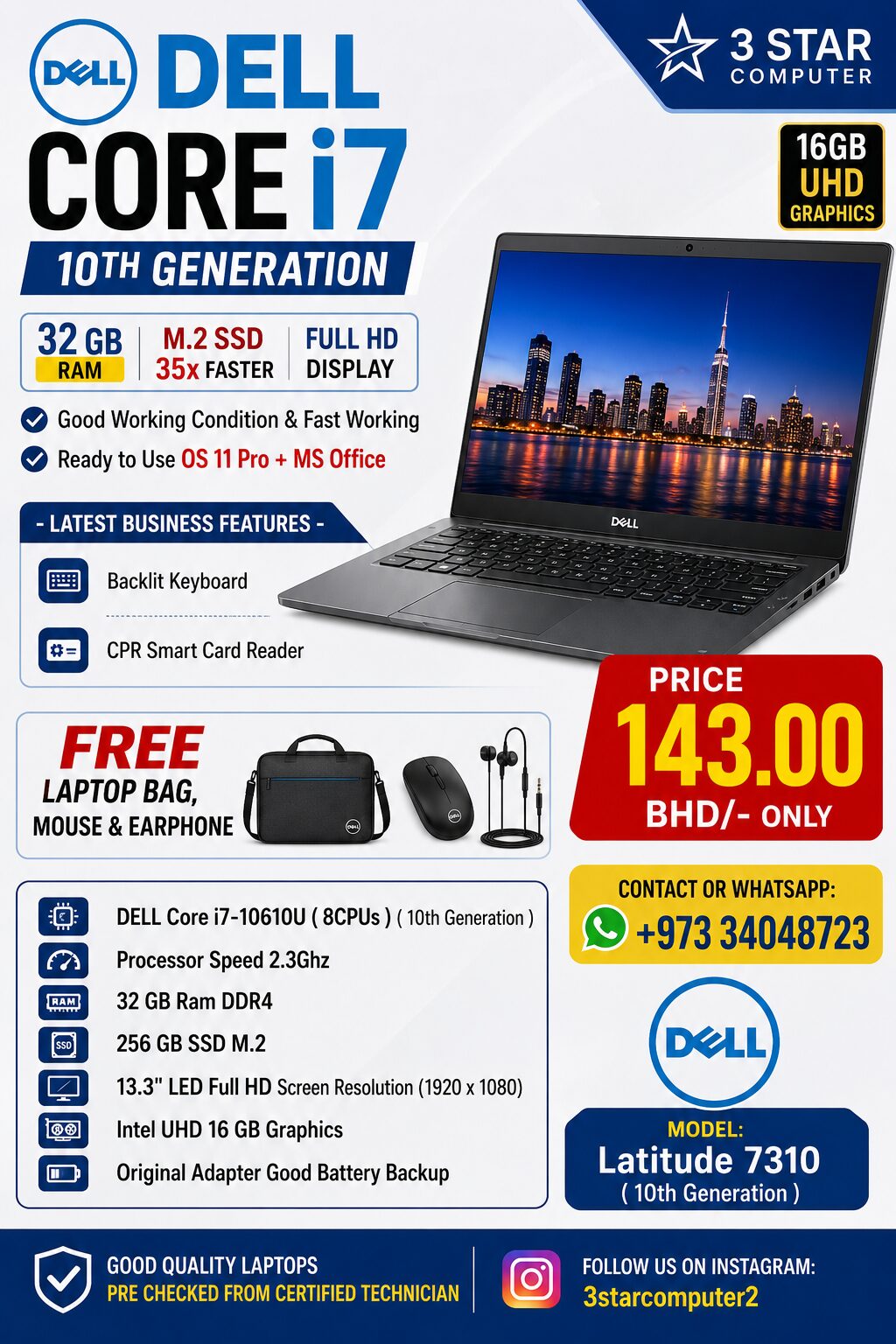 Manama, Tablet Computers, BHD 143,  Dell I7 32GB RAM 10th Gen Laptop 16GB Graphic M.2 SSD 35x Fast Free Bag, Mouse, Earphone