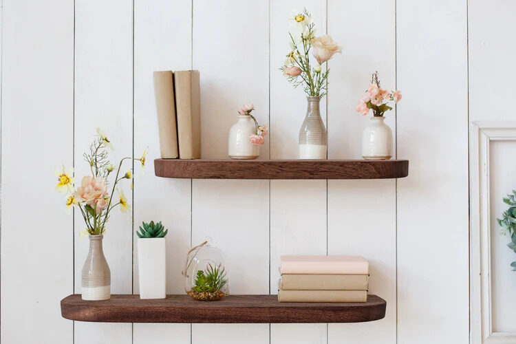 New York, Business, Long Floating Shelves In Mahogany For Elegant Wall Storage