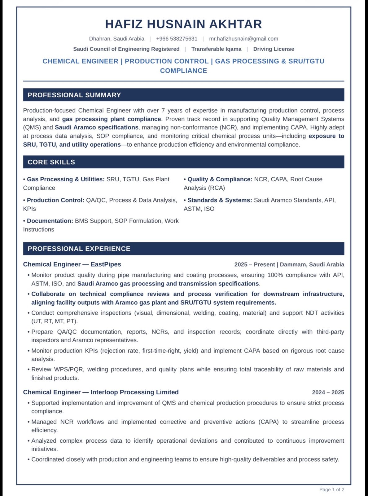 Dammam, Job Seekers, Chemical Engineer SCE Registered - Immediate Available - Transferable Iqama