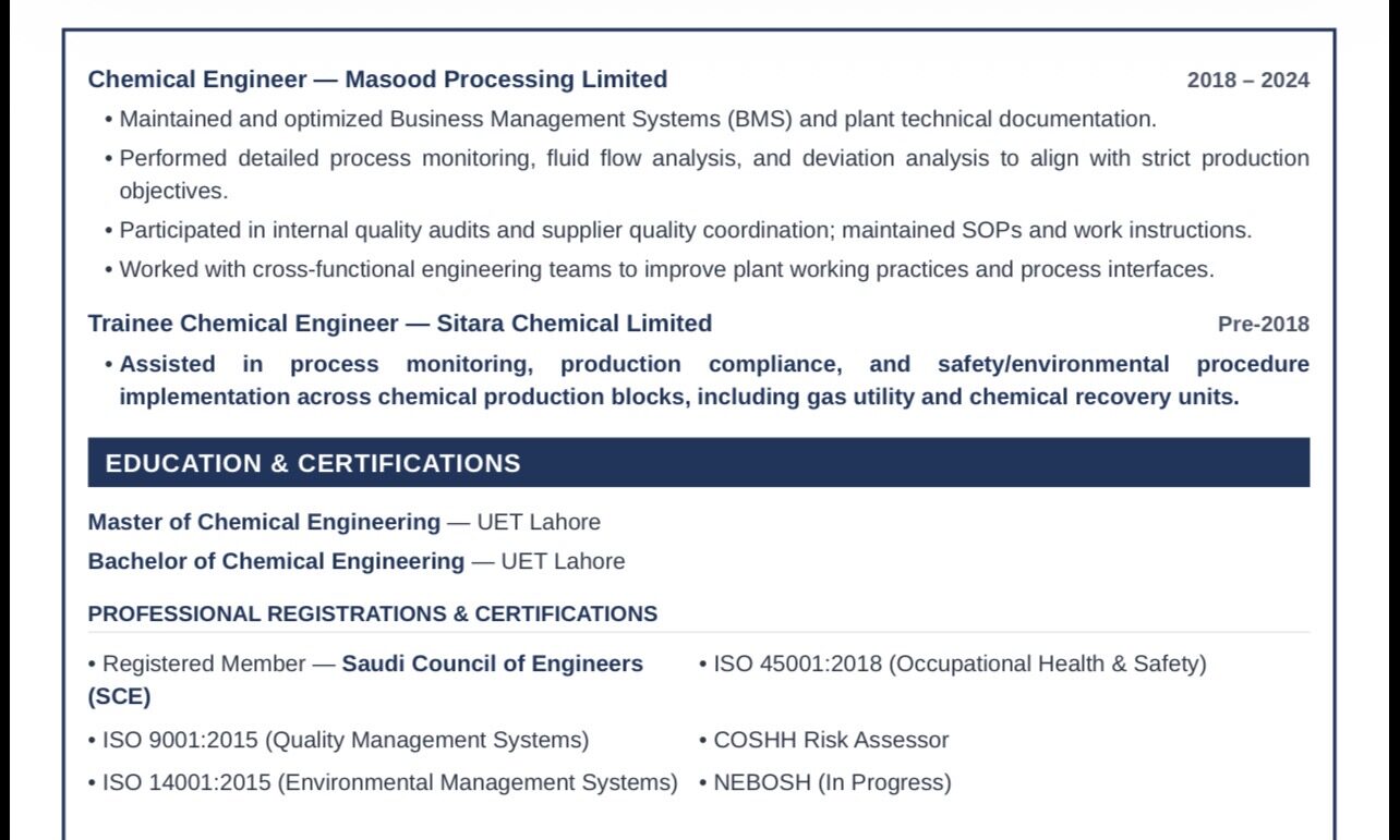 Dammam, Job Seekers, Chemical Engineer SCE Registered - Immediate Available - Transferable Iqama