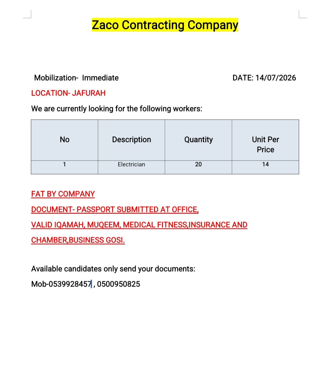 Riyadh, Jobs, Urgent Requirement &ndash; Electrician   Location: Jafurah Duration: Long-Term Project