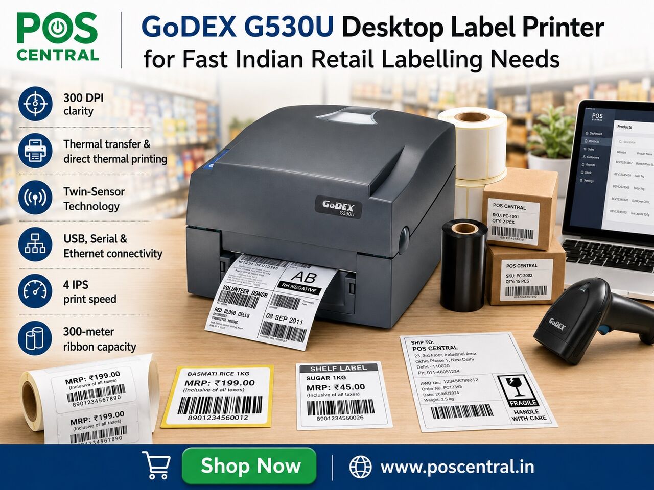 Noida, Computers, INR 22099,  Shop GoDEX G530U For Fast Barcode Label Printing India