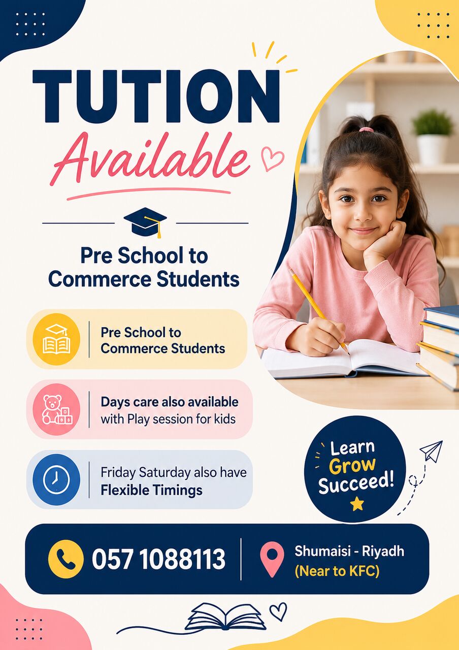 Riyadh, Education, Tution & Day Care Available