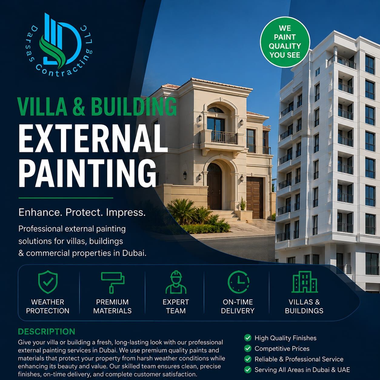 Dubai, Business, 1)	FAST AND EFFIECIENT EXTERIOR PAINTING SERVICES FOR VILLA AND BUILDINGS IN DUBAI