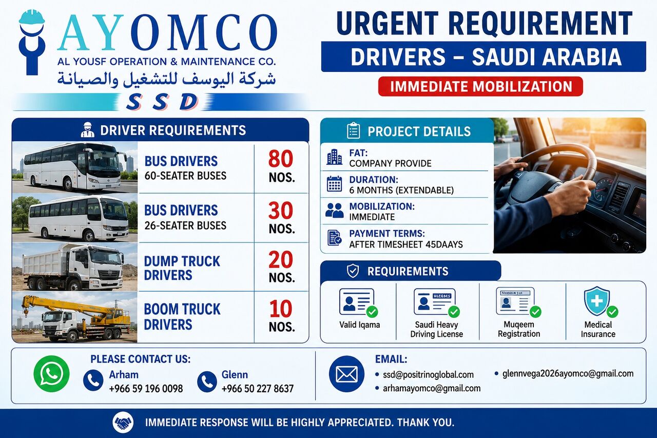 Riyadh, Jobs, Urgent Hiring! Bus Driver (60 Seater, 26 Seater,) Dump Truck & Boom Truck Driver