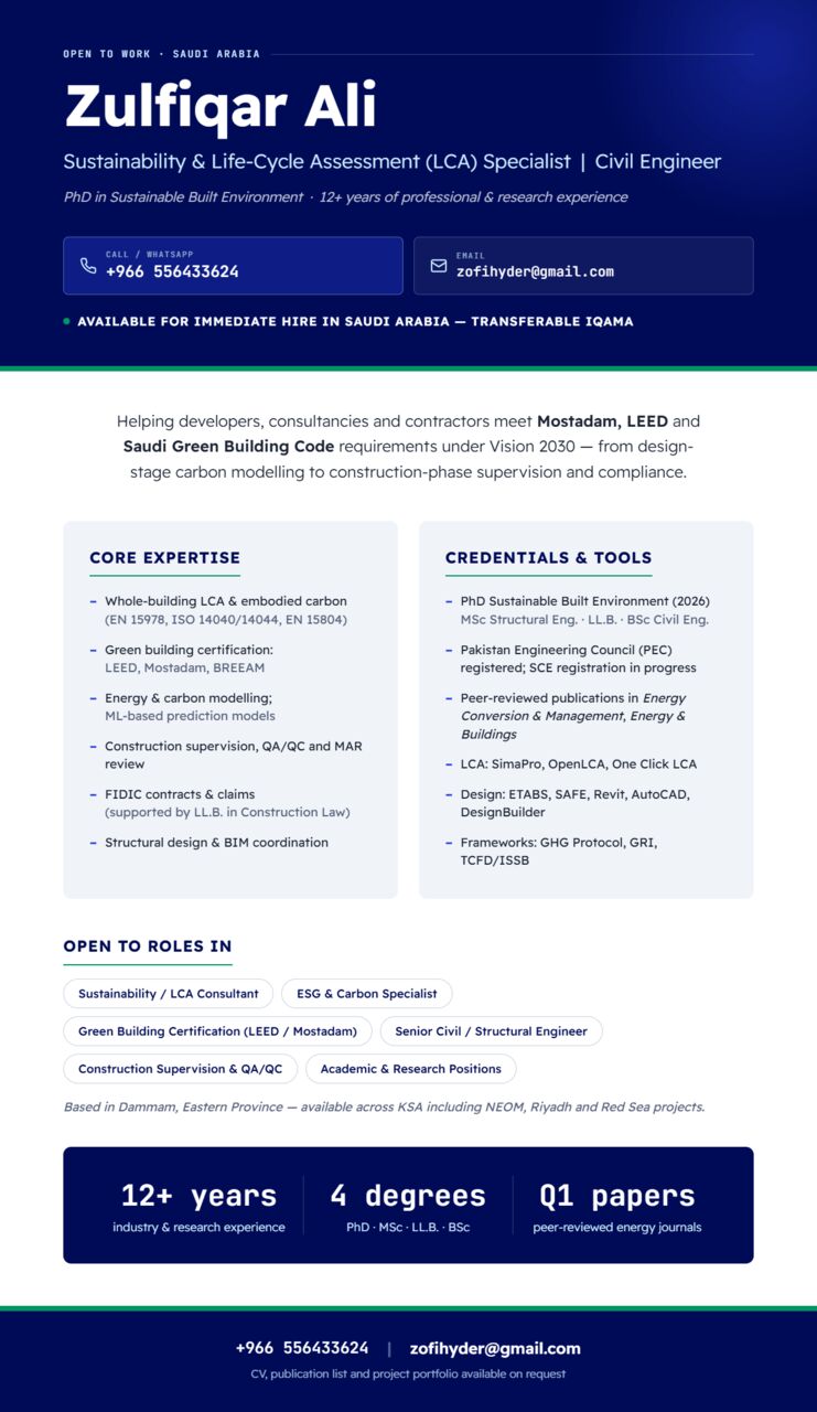 Dammam, Job Seekers, Sustainability Expert (LCA) | Civil Engineer | Construction Manager