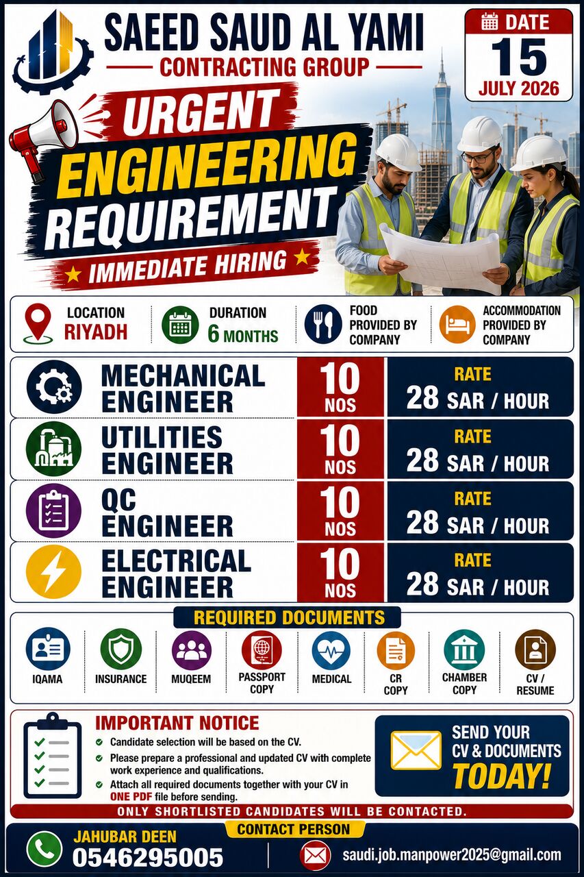 Jubail, Jobs, URGENT REQUIREMENTS