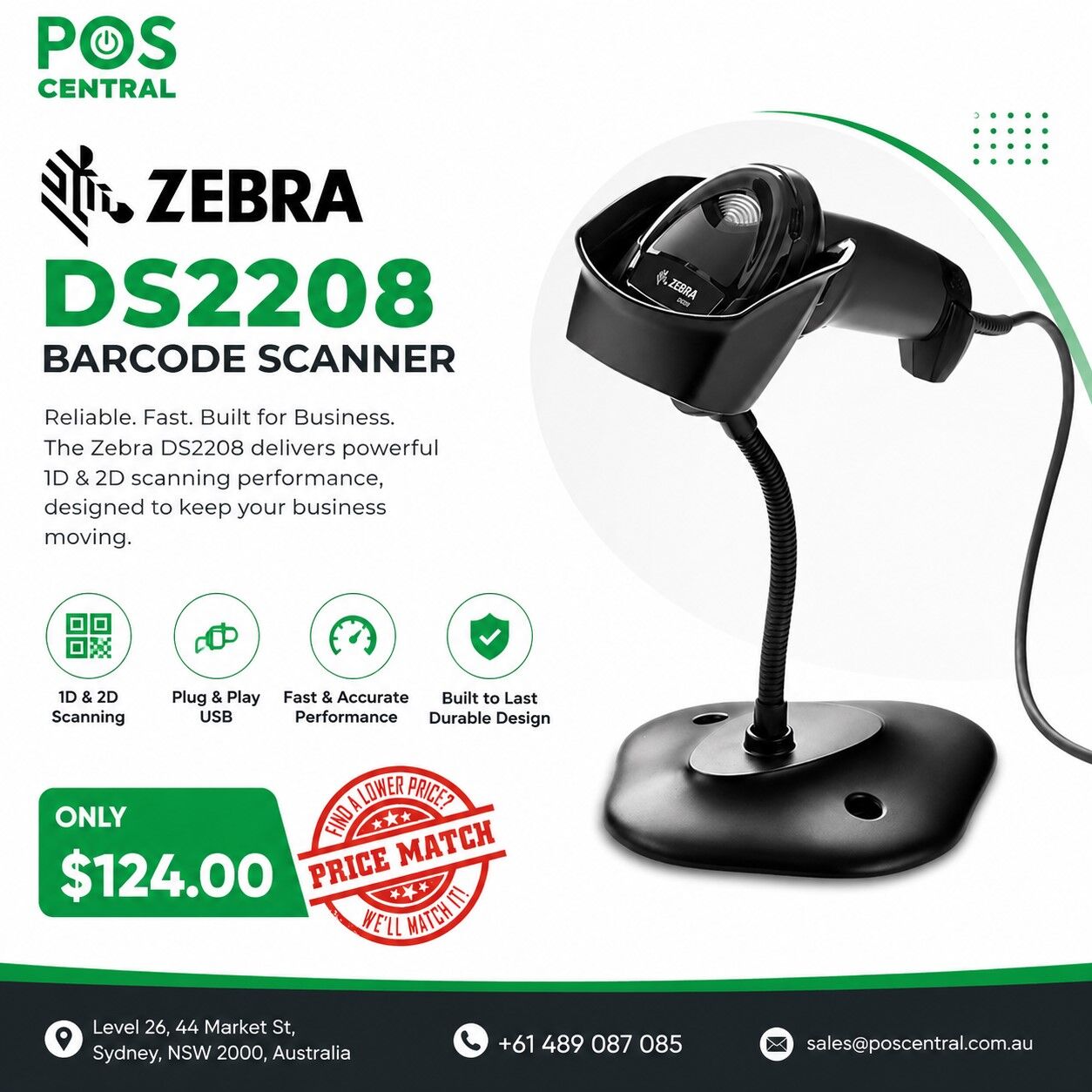 Sydney, Electronics, AUD 124,  Zebra DS2208 2D Barcode Scanner Kit Black | POS Central