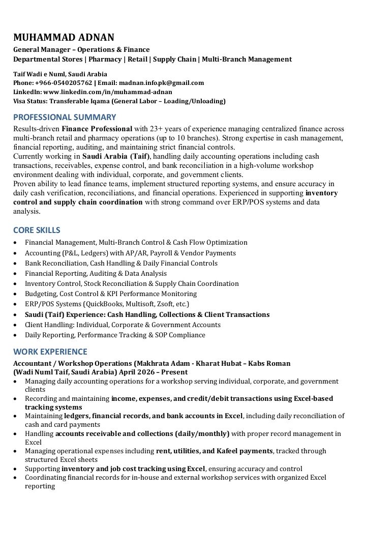 Taif, Job Seekers, GM - Operations & Finance | Supply Chain & Warehouse | Excel & ERP Expert