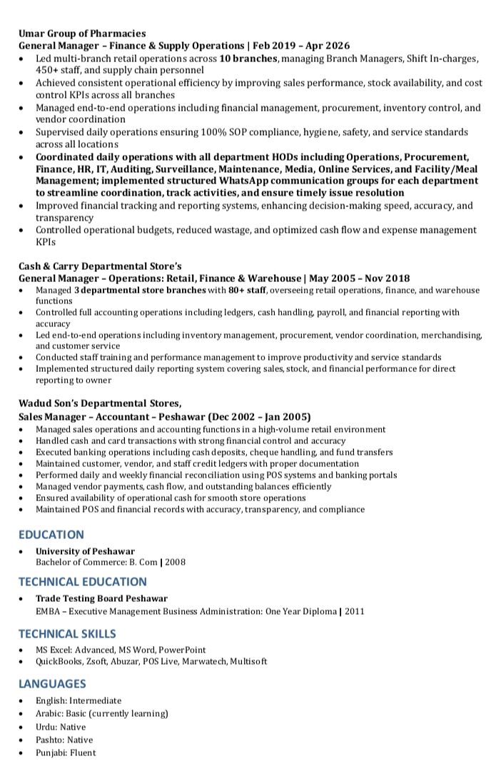 Taif, Job Seekers, GM - Operations & Finance | Supply Chain & Warehouse | Excel & ERP Expert