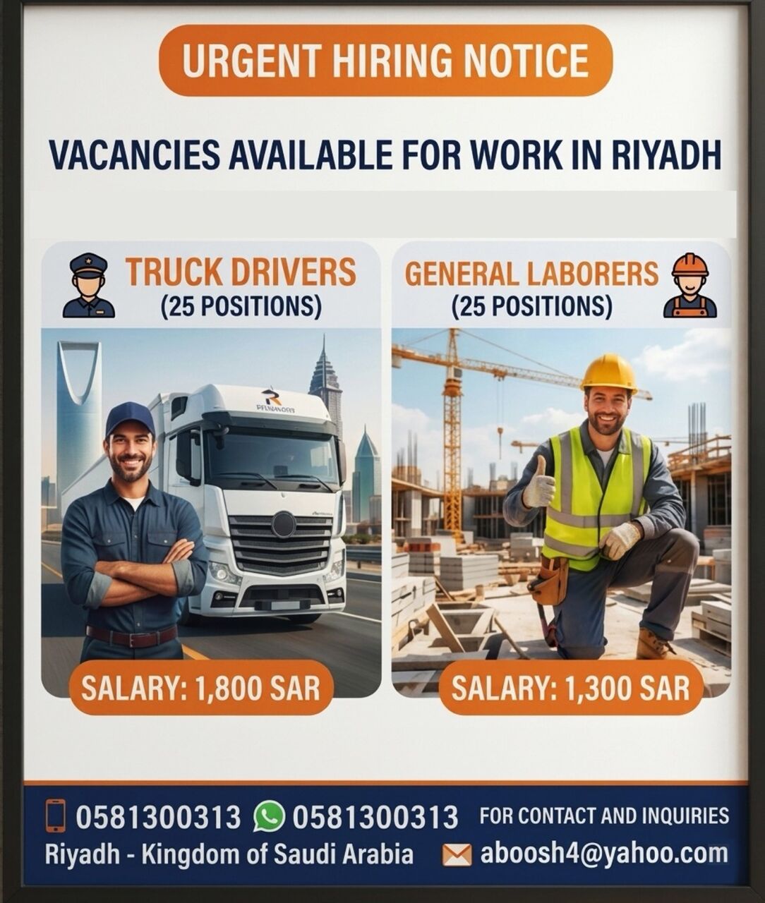 Riyadh, Jobs, A Company In Riyadh Requires 25 Truck Drivers And 25 General Laborers; Sponsorship Transfe