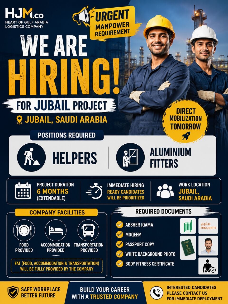 Al Jubail Al Balad, Jobs, 🚨 URGENT MANPOWER REQUIREMENT – JUBAIL 🚨