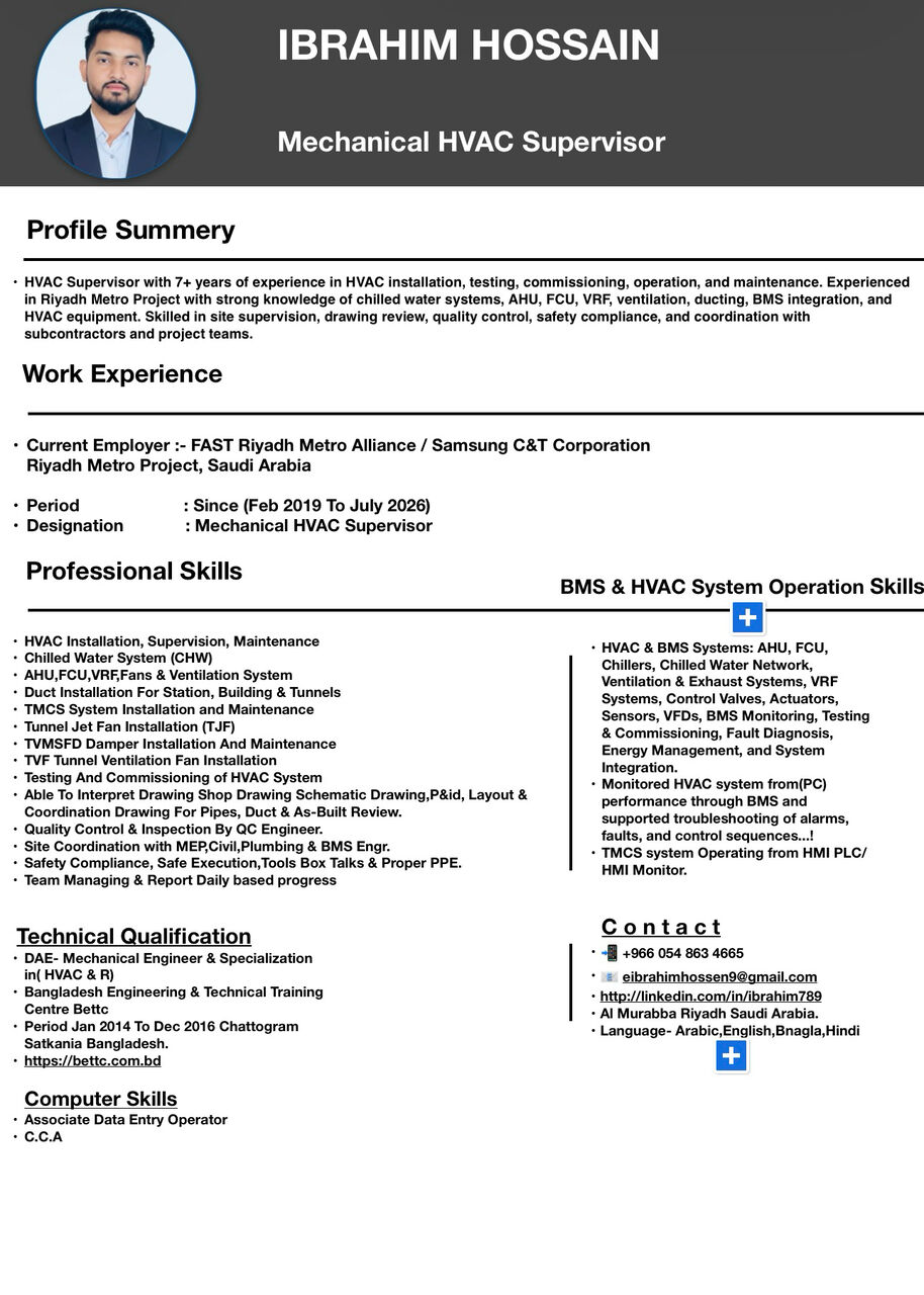 Riyadh, Job Seekers, Experience Mechanical Supervisor For Hvac, Firefighting, Plumbing And Bms/Scada Operators