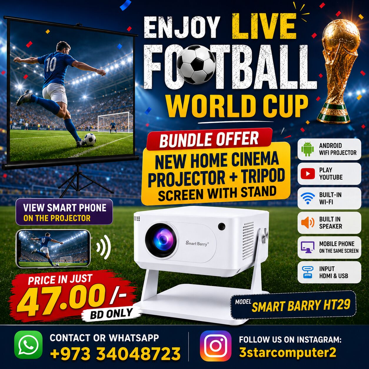 Manama, Computers, BHD 47,  Bundle Offer New Home Cinema Projector + Tripod Screen With Stand Enjoy Football World Cup
